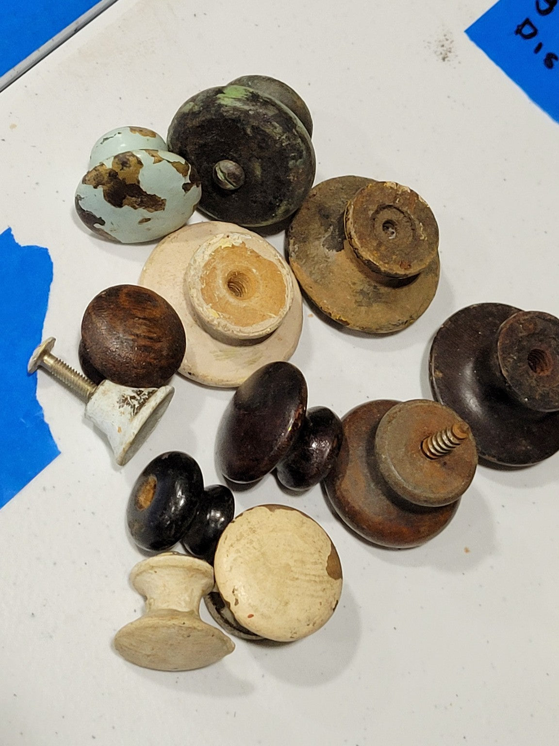Lot of 12 Salvaged Wooden Drawer Knobs – Assorted Finishes