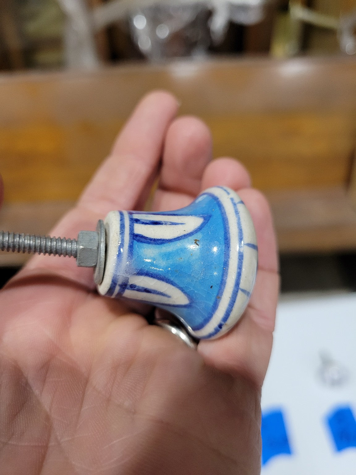 Blue and White Ceramic Drawer Pull – Grid Dot Pattern