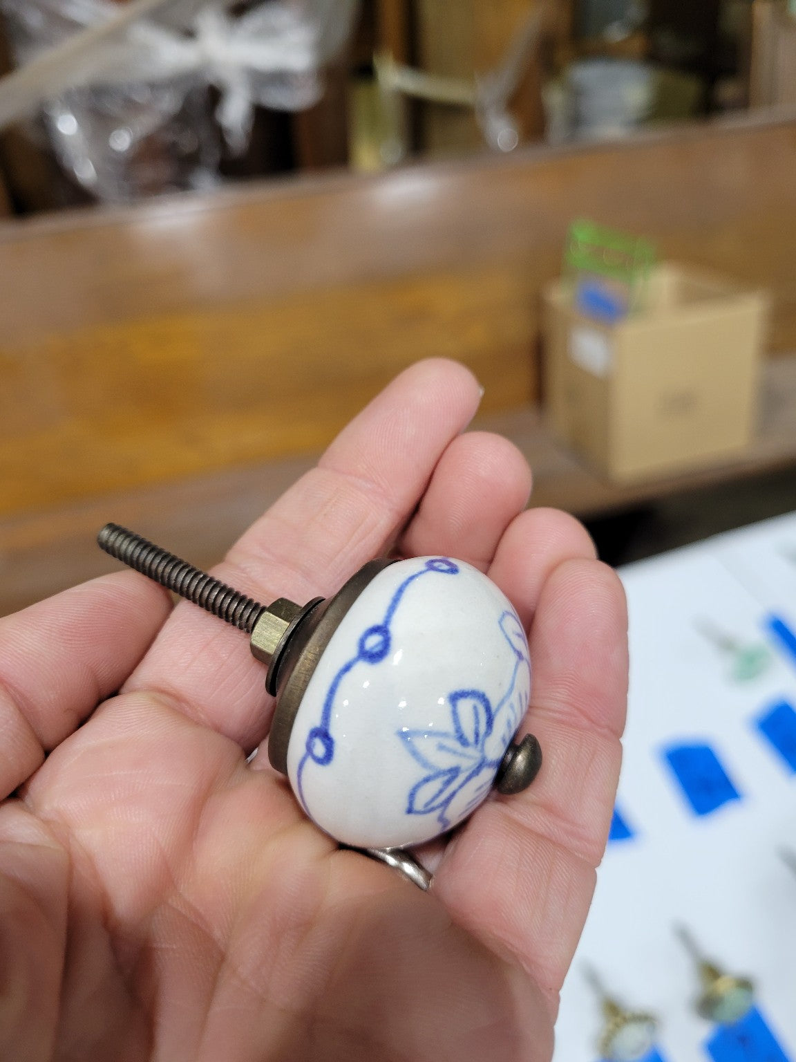 Ceramic Drawer Pull with Blue Floral Motif – Hand-Painted