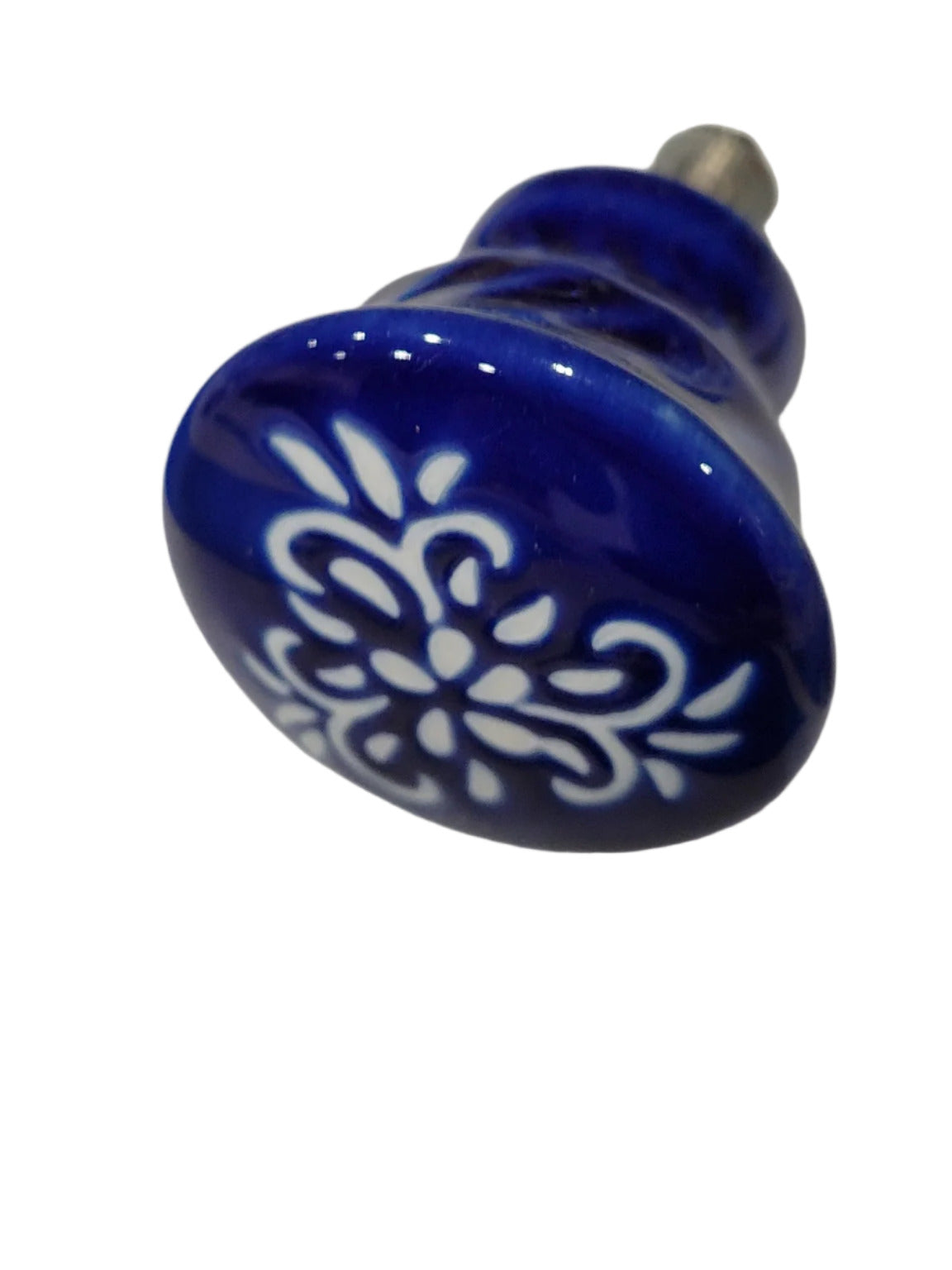 Cobalt Blue Ceramic Drawer Pull with White Floral Inlay – Gloss Finish