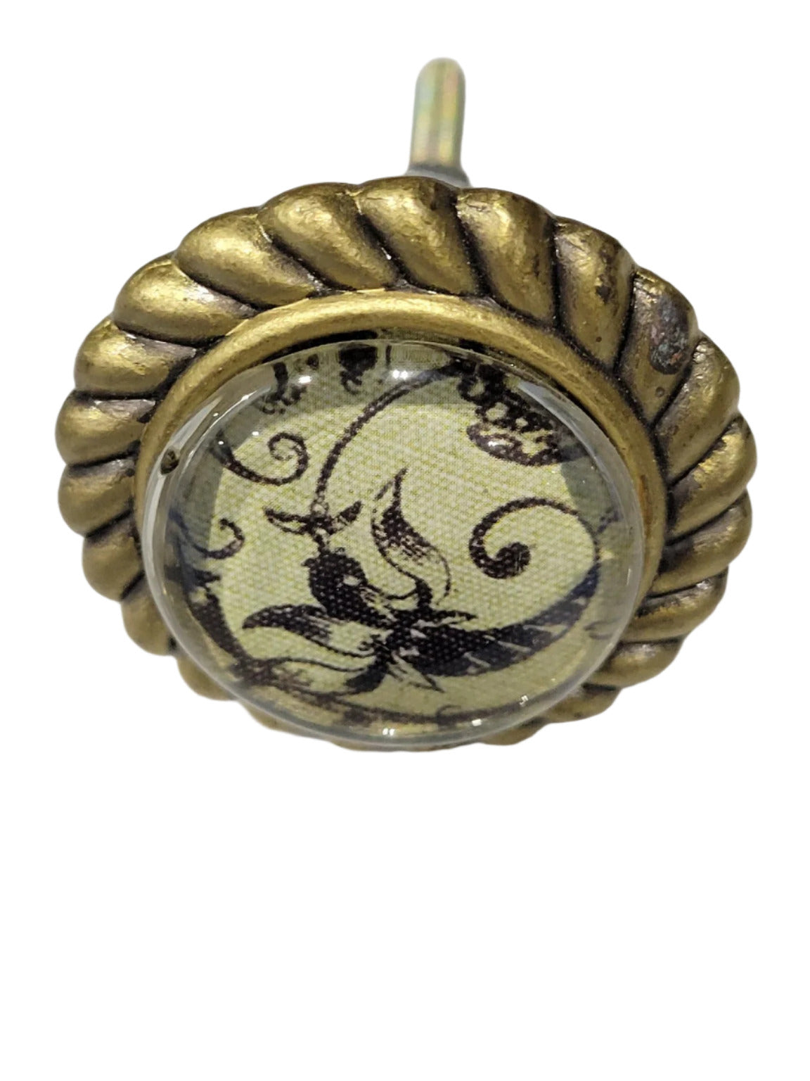 Antique Brass Drawer Pull with Fabric Under Glass – Baroque-Inspired