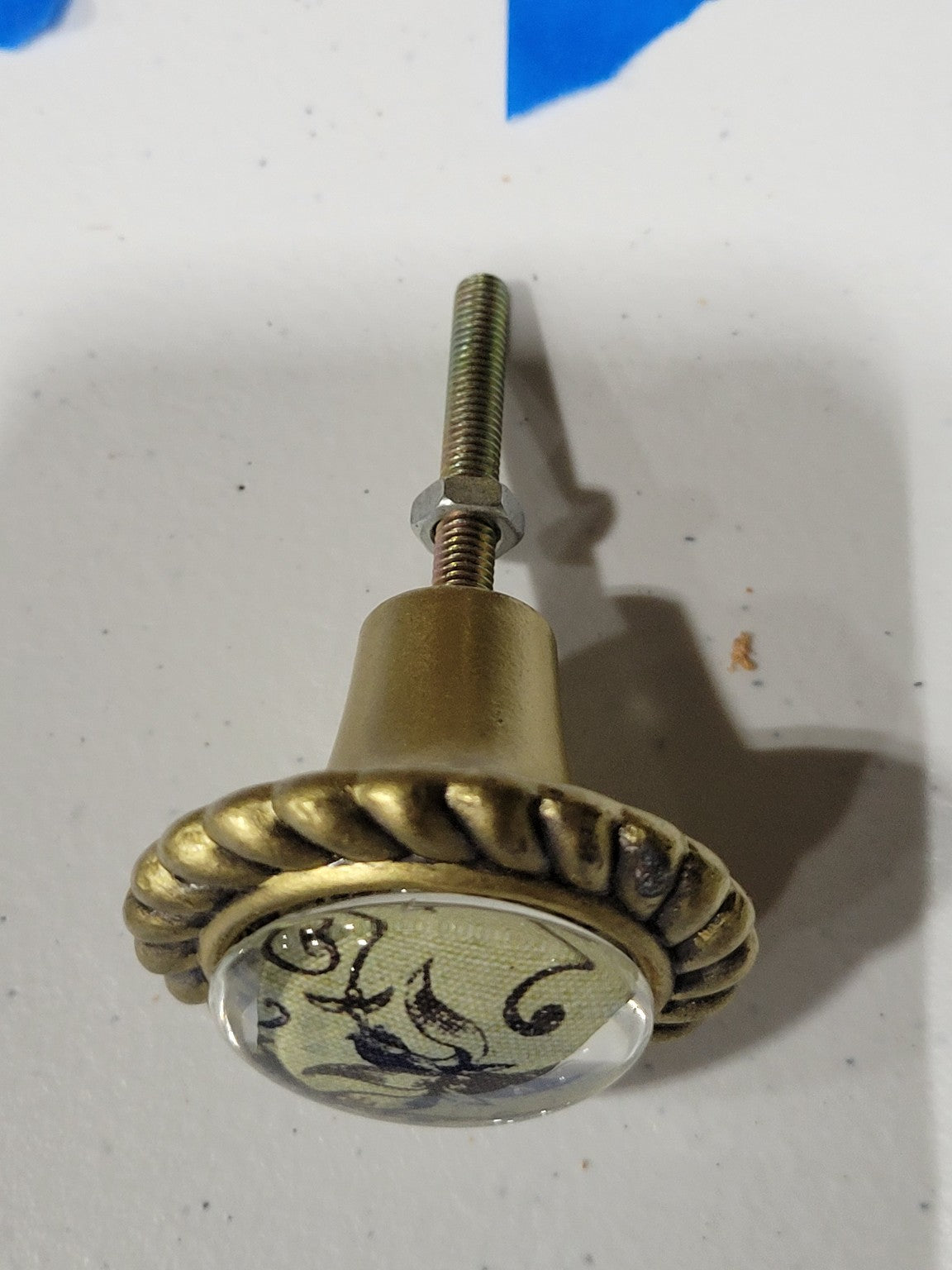 Antique Brass Drawer Pull with Fabric Under Glass – Baroque-Inspired