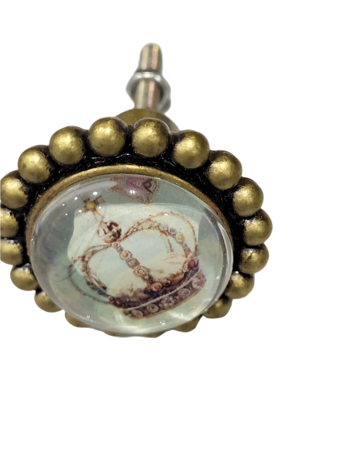 Crown Motif Drawer Pull with Domed Glass and Beaded Brass Frame