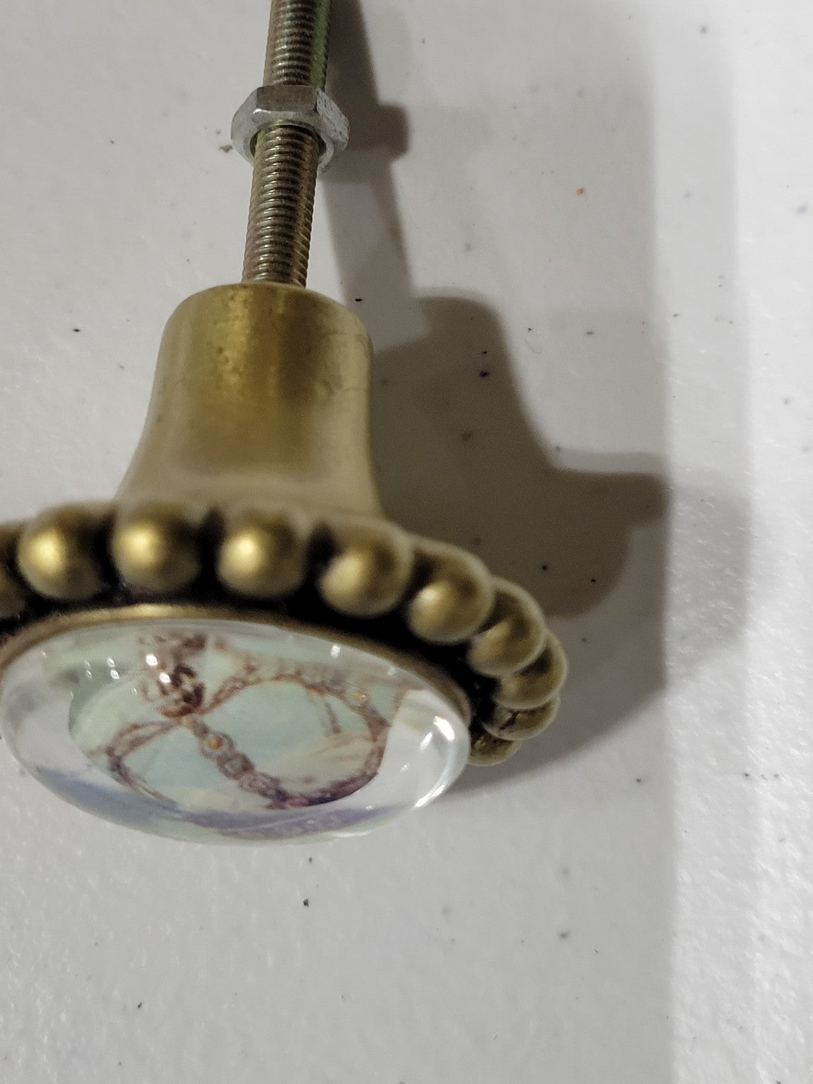 Crown Motif Drawer Pull with Domed Glass and Beaded Brass Frame