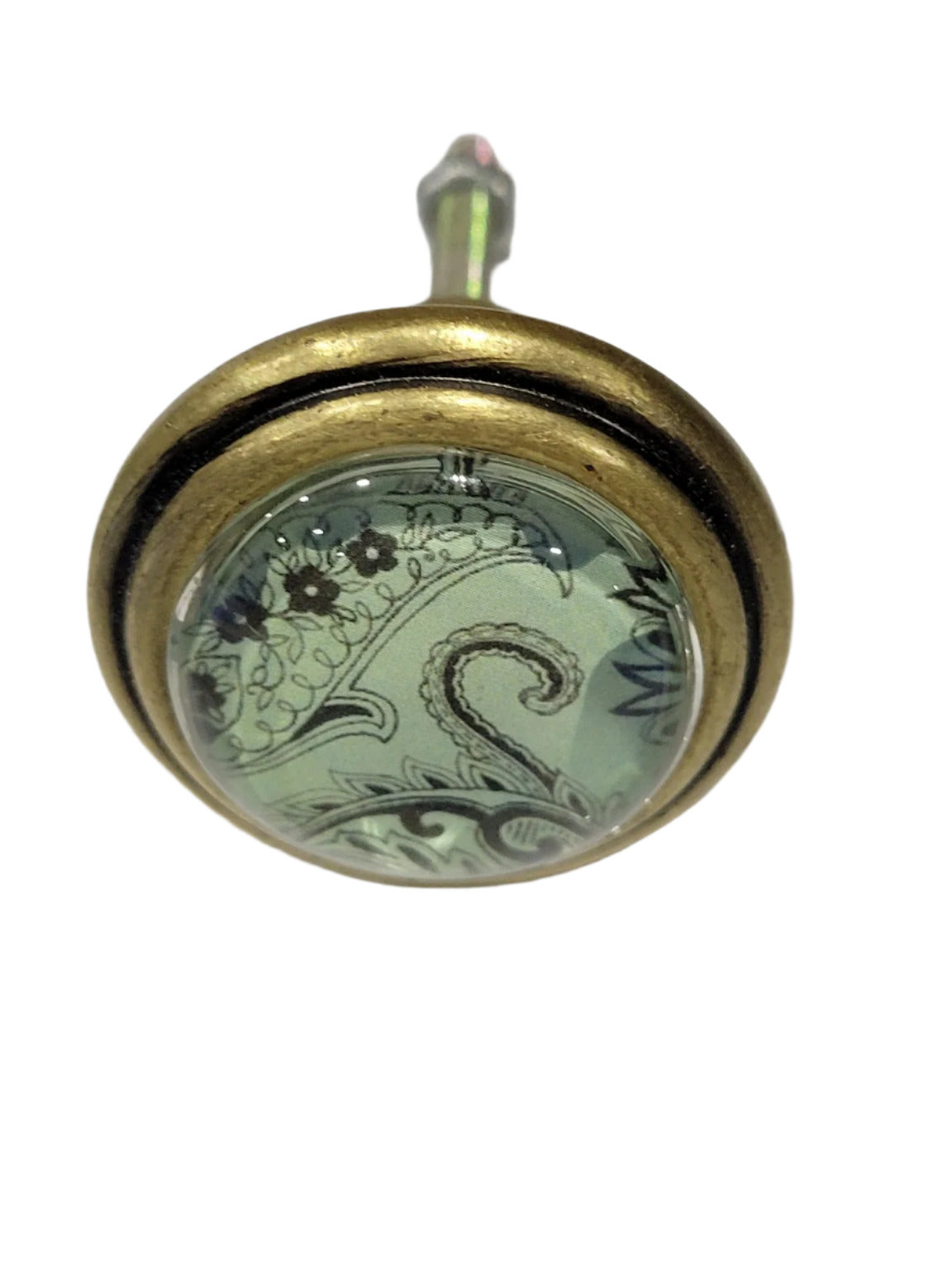 Paisley Glass Top Drawer Pull with Brass Rim – Vintage Pattern