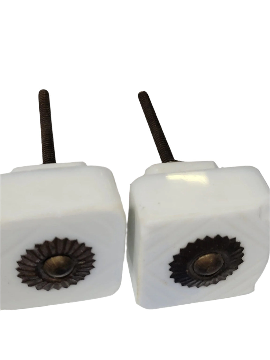 White Glass Square Drawer Pulls with Bronze Rosette – Set of 2