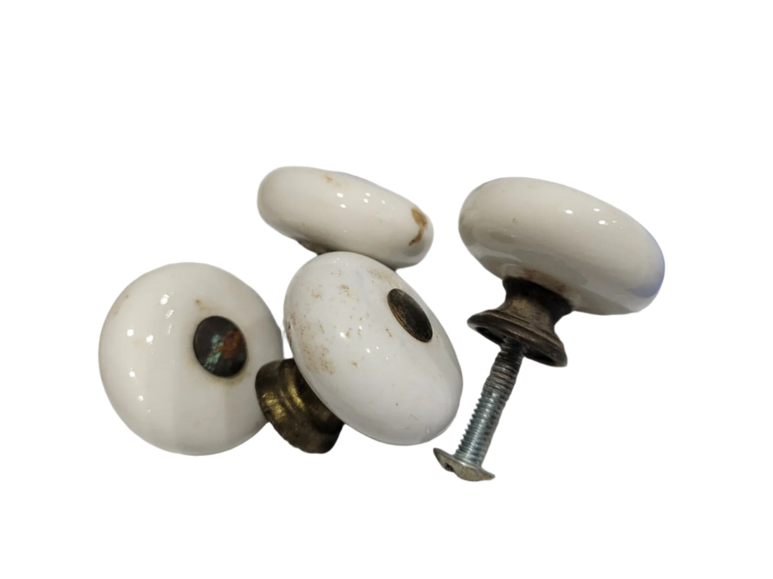 Vintage White Porcelain Drawer Knobs with Brass Hardware – Set of 4 (1 1/8")