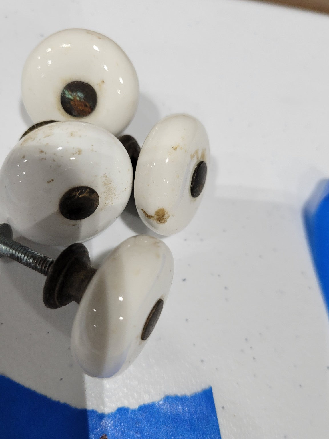 Vintage White Porcelain Drawer Knobs with Brass Hardware – Set of 4 (1 1/8")