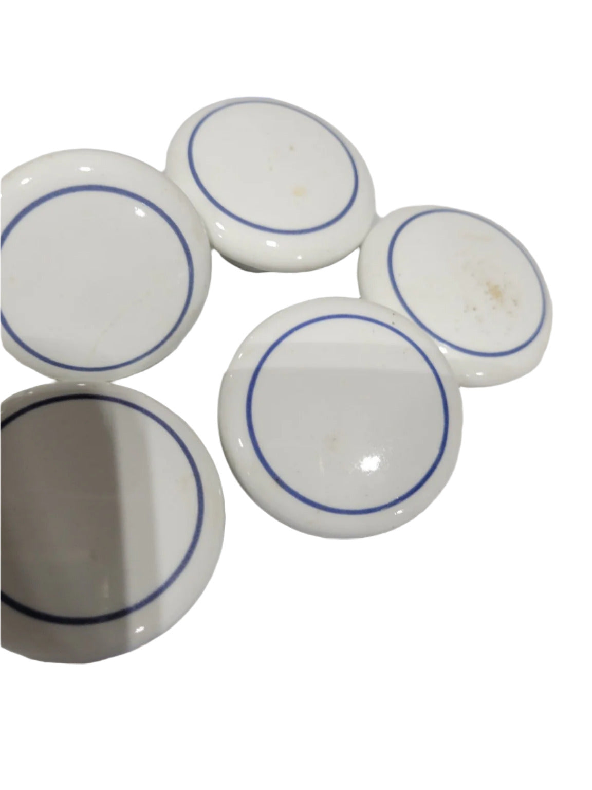 White Porcelain Drawer Pulls with Blue Ring Detail – Set of 5 (1 3/8")*