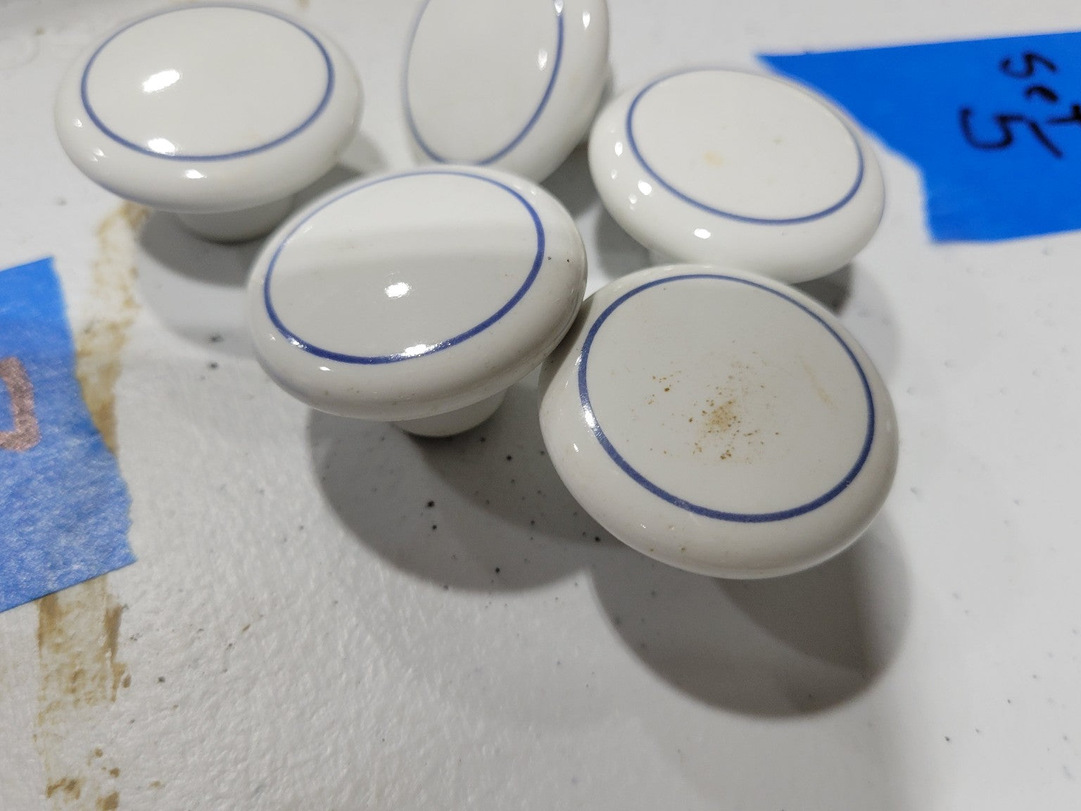 White Porcelain Drawer Pulls with Blue Ring Detail – Set of 5 (1 3/8")*