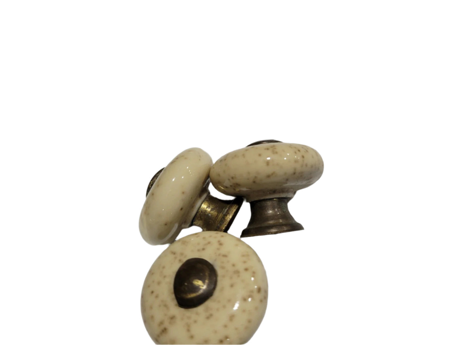 Speckled Cream Porcelain Drawer Pulls with Aged Brass Hardware – Set of 3 (1 1/16")