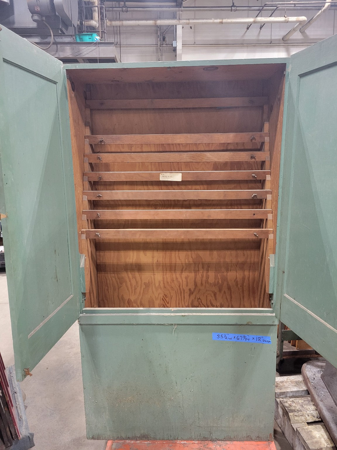 Tall Green Industrial Cabinet with Adjustable Wood Slats