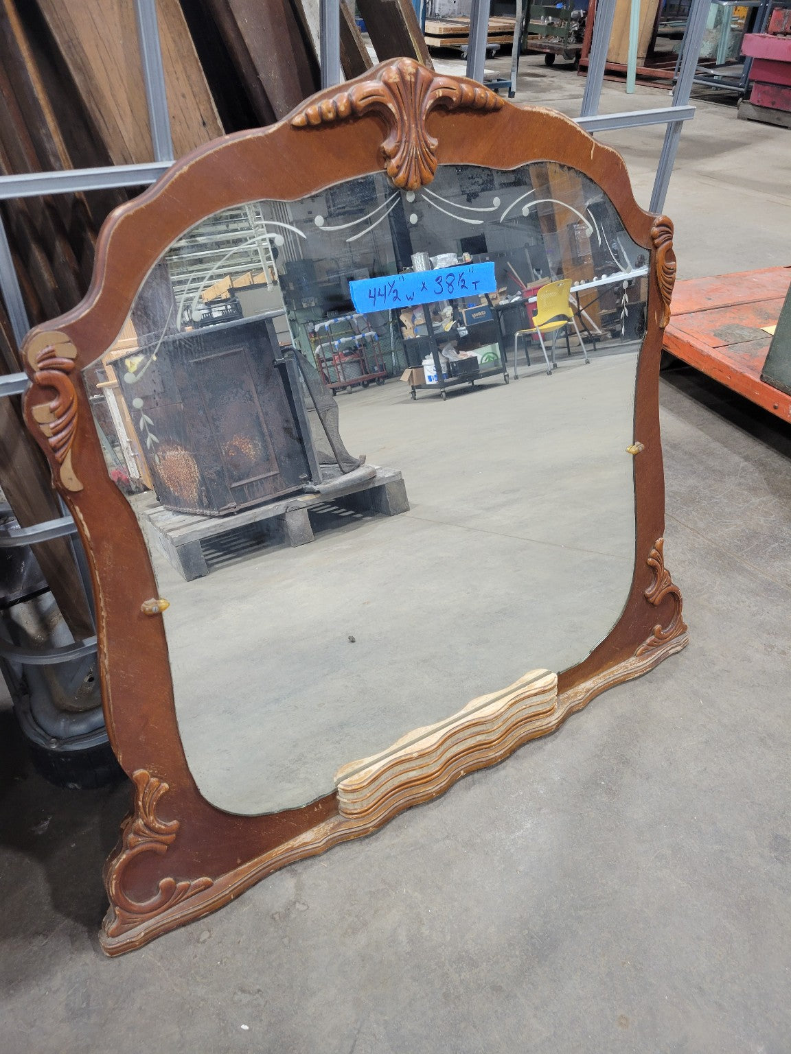 Large Ornate Etched Mirror with Curved Frame