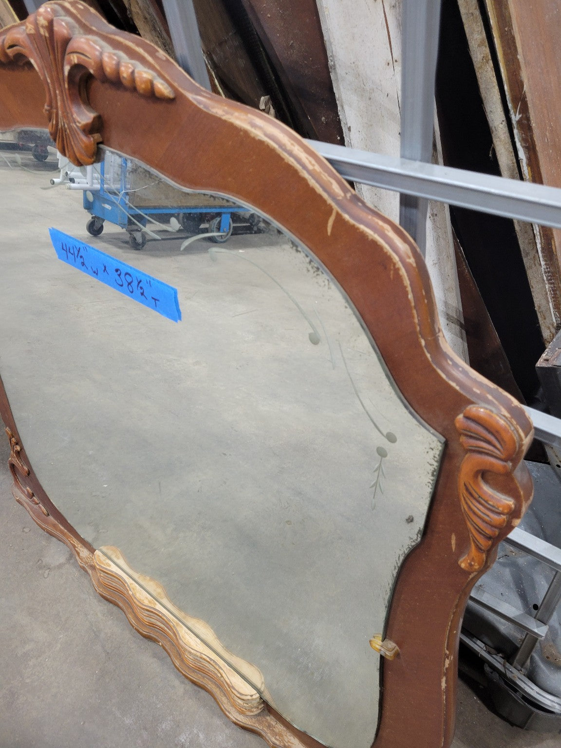 Large Ornate Etched Mirror with Curved Frame