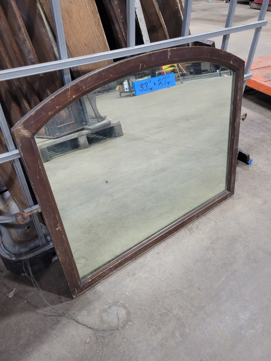 Vintage Arch-Top Wall Mirror with Brown Frame
