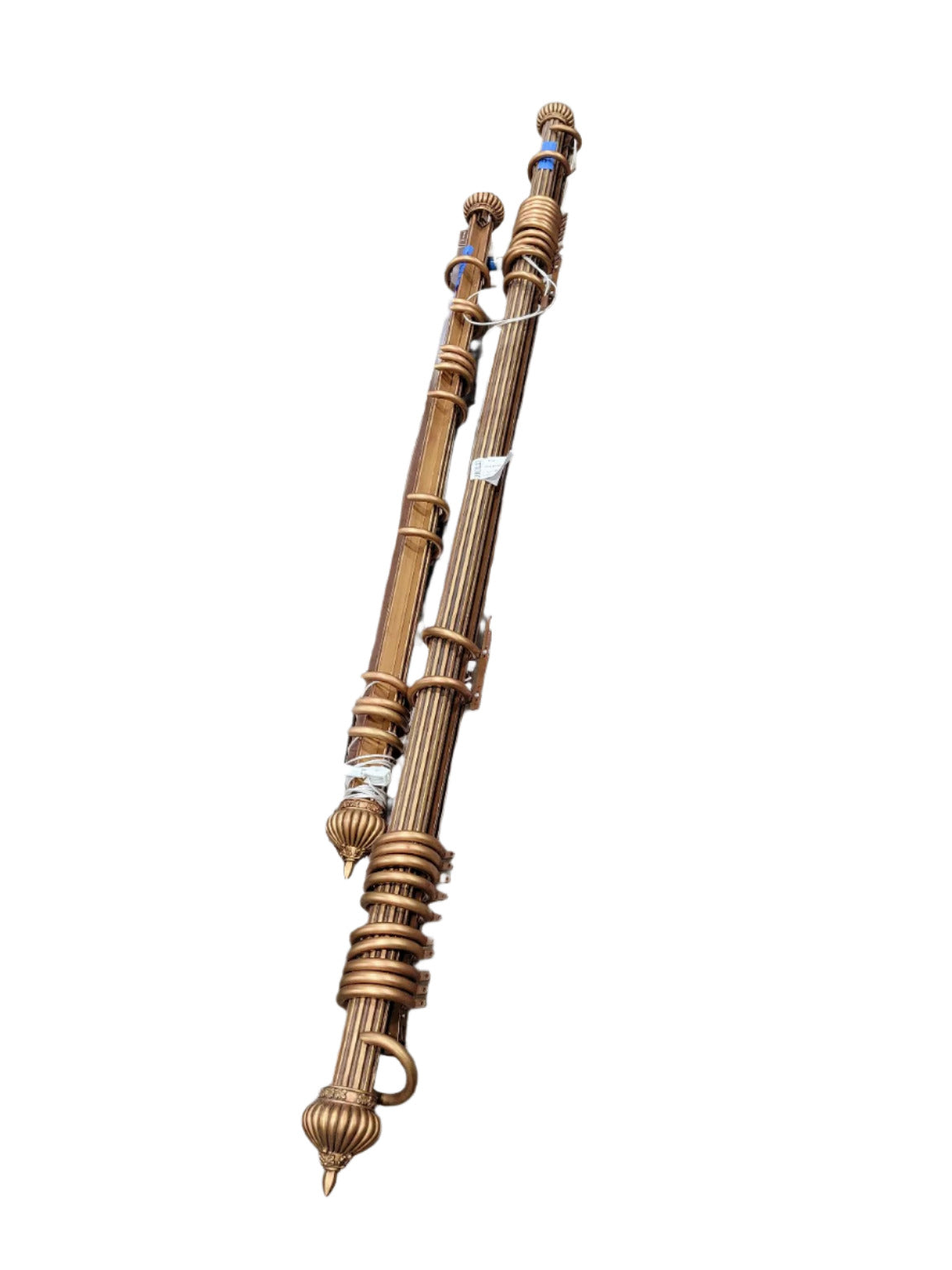 Pair of Ornate 79" Gold-Tone Curtain Rods with Finials and Rings