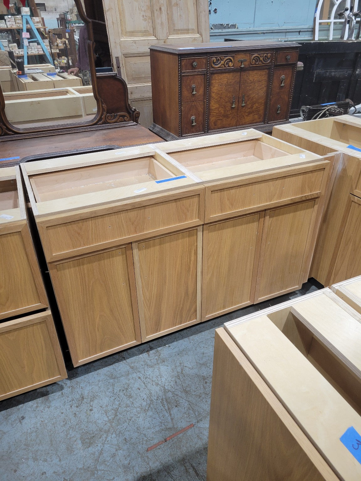 White Birch Double Base Cabinet with Two Drawers and Four Doors