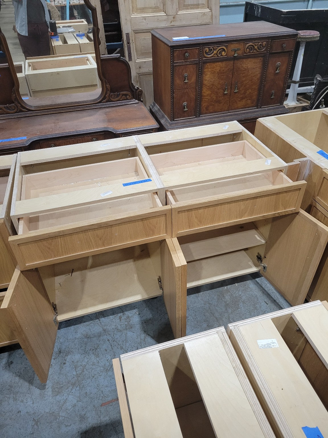 White Birch Double Base Cabinet with Two Drawers and Four Doors