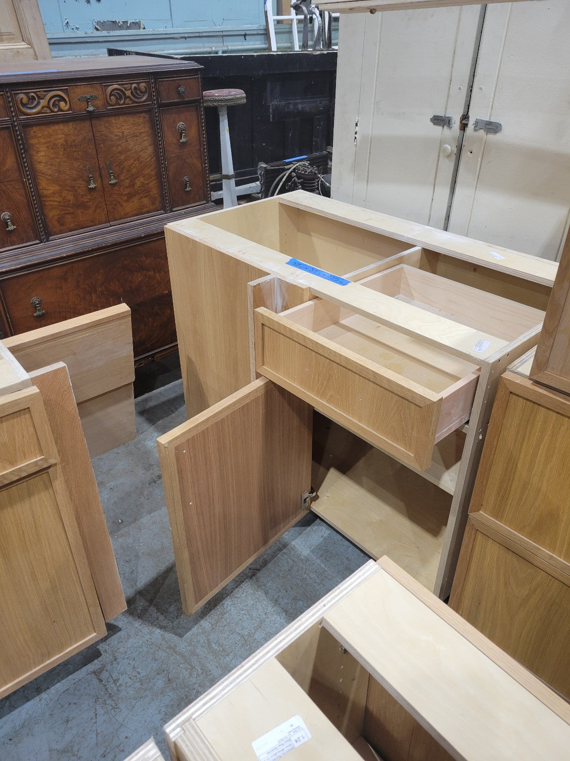 White Birch Base Cabinet with Drawer, Single Door, and Open Section