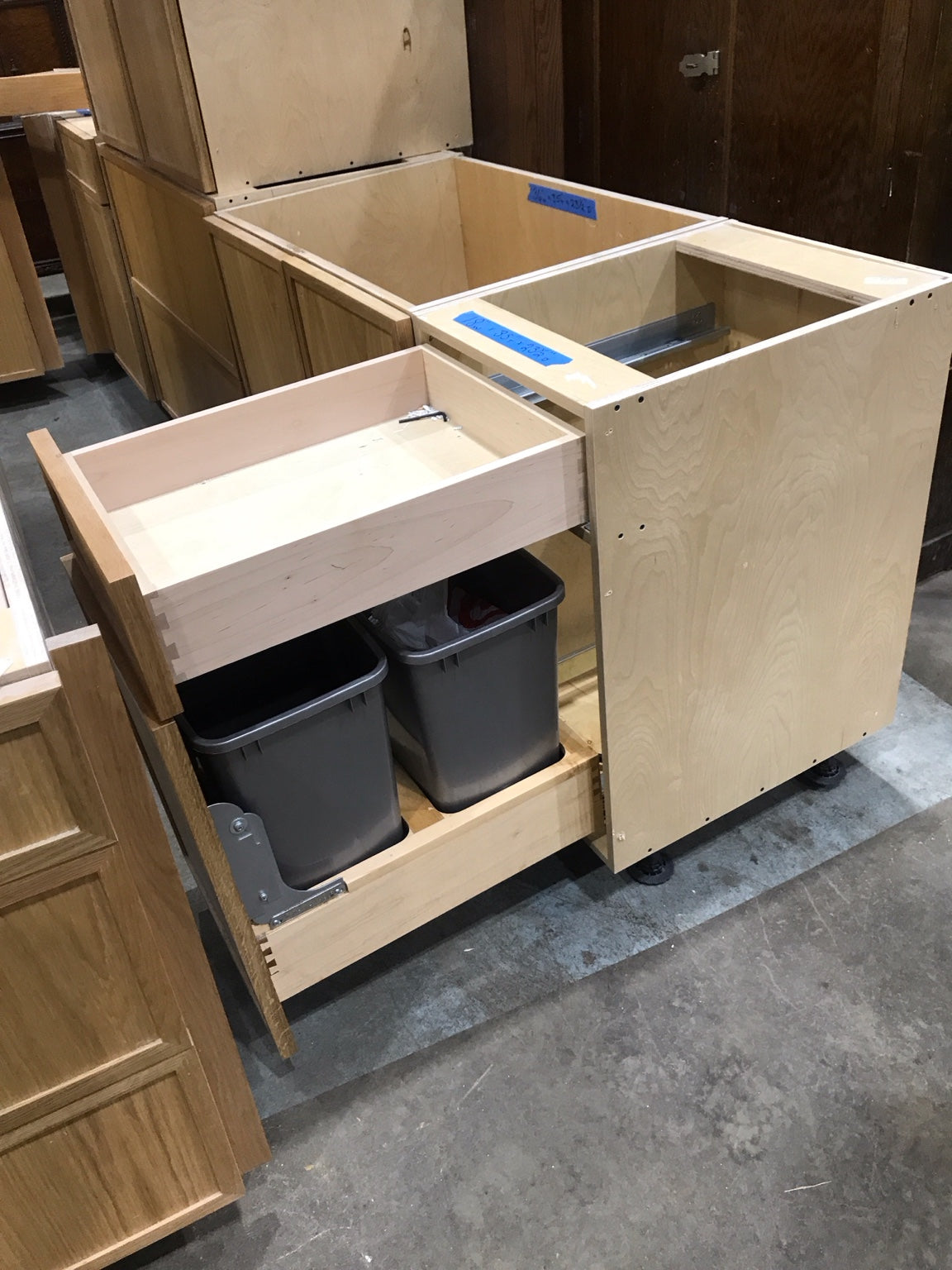 White Birch Base Cabinet with Soft-Close Trash Pullout and Drawer
