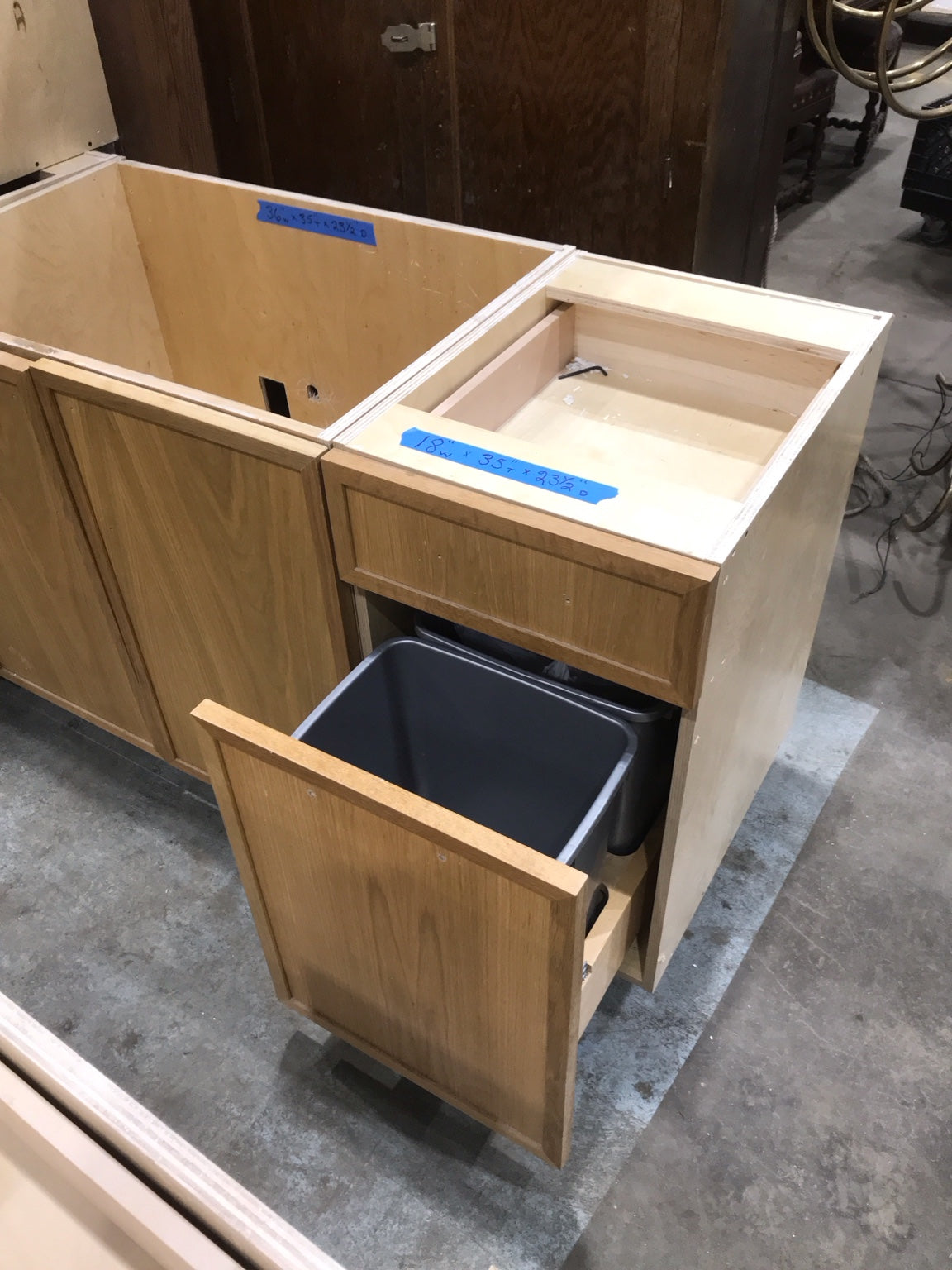 White Birch Base Cabinet with Soft-Close Trash Pullout and Drawer