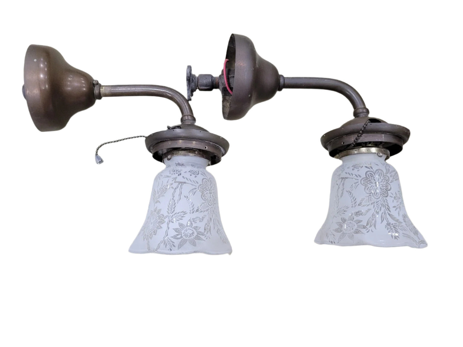 Pair of Vintage Bronze Wall Sconces with Frosted Floral Glass Shades