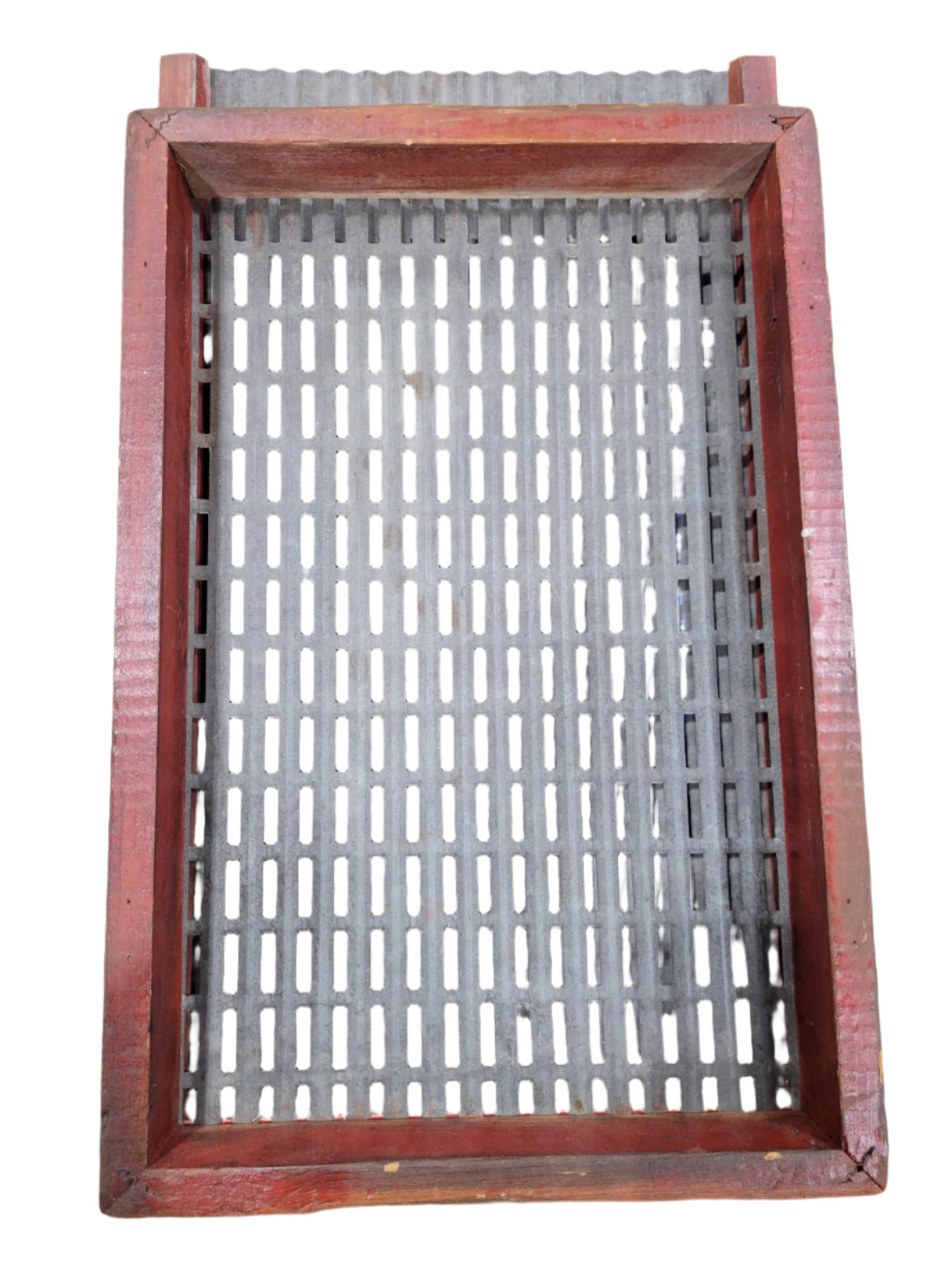Antique Seed Cleaning Tray with Corrugated Metal and Red Wood Frame