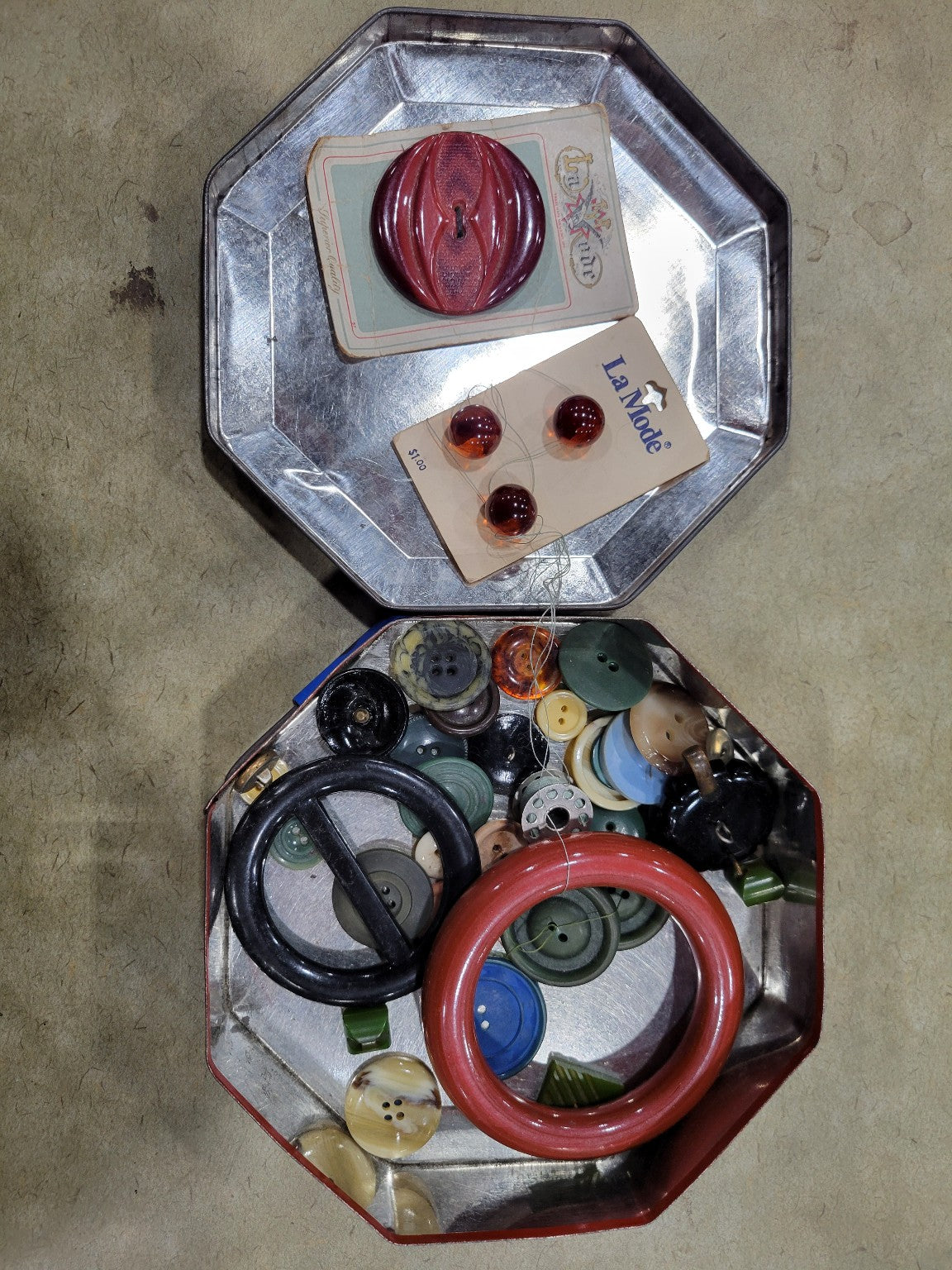 Vintage Octagonal Tin with Hand-Painted Market Scene and Assorted Buttons