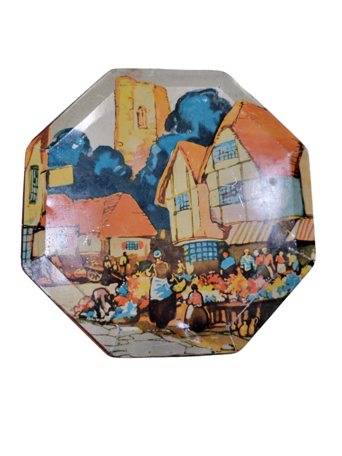 Vintage Octagonal Tin with Hand-Painted Market Scene and Assorted Buttons