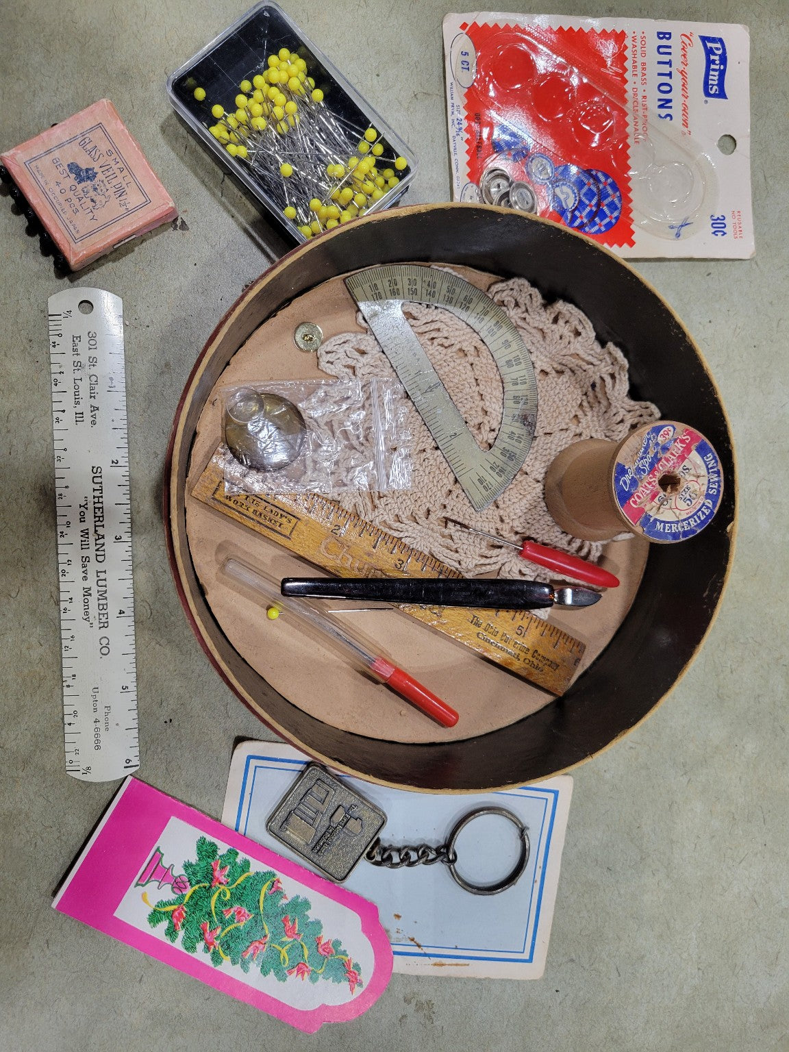 Vintage Hand-Painted Round Wood Box with Sewing and Craft Supplies