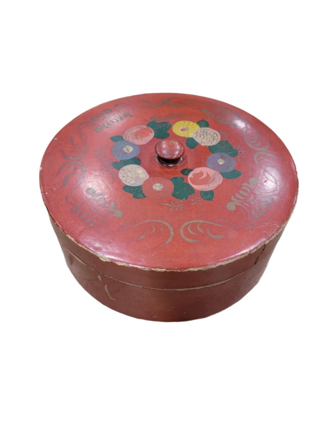 Vintage Hand-Painted Round Wood Box with Sewing and Craft Supplies