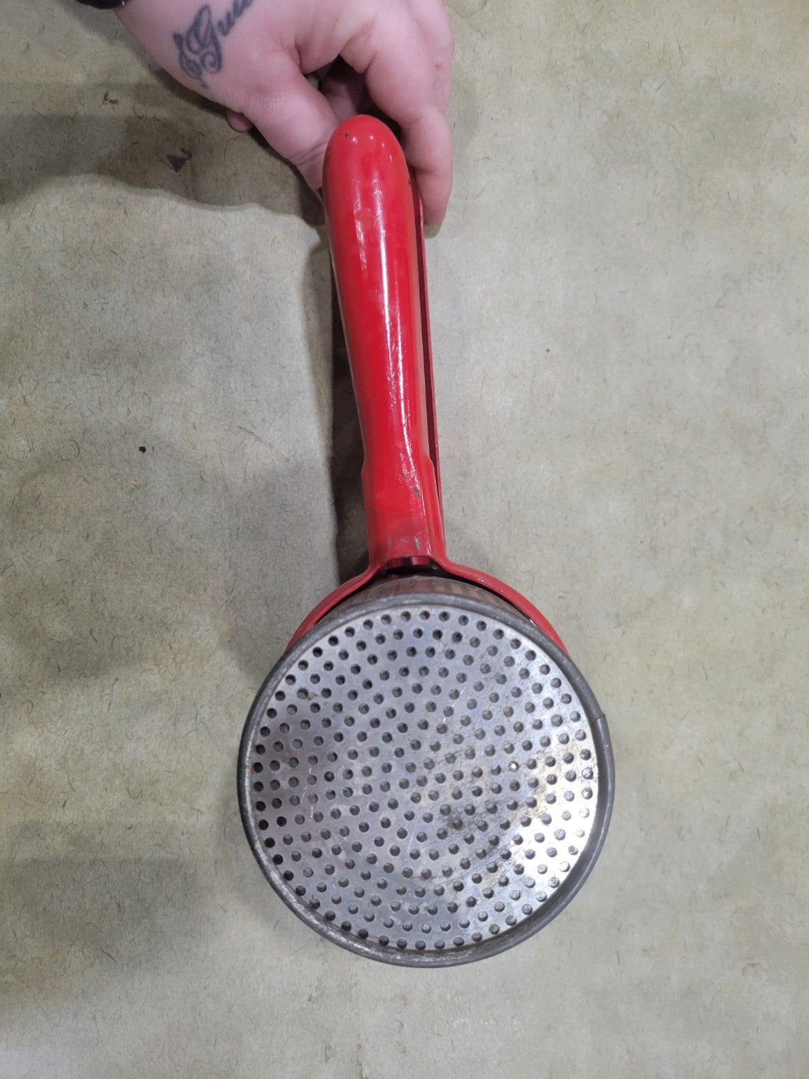 Vintage Red-Handed Metal Potato Ricer – Mid-Century Kitchen Tool