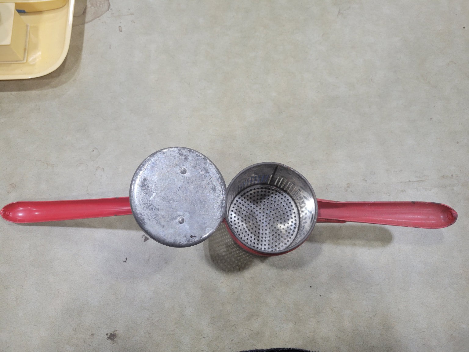 Vintage Red-Handed Metal Potato Ricer – Mid-Century Kitchen Tool