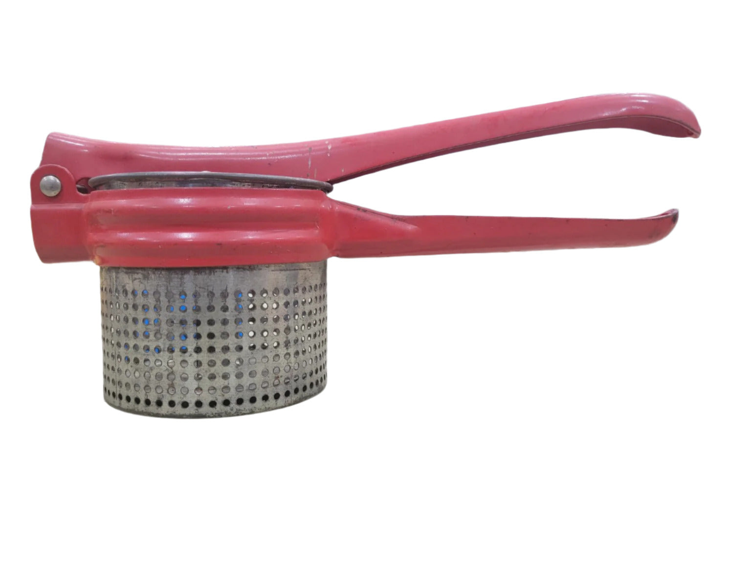 Vintage Red-Handed Metal Potato Ricer – Mid-Century Kitchen Tool
