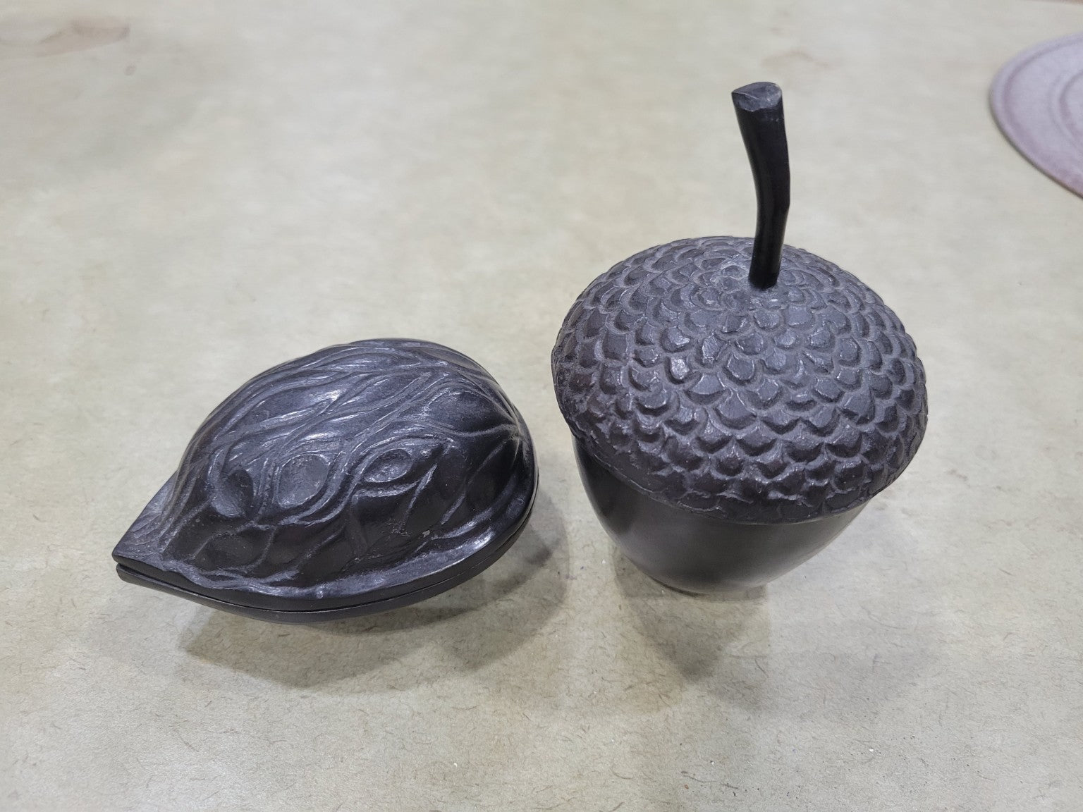 Vintage Black Cast Iron Acorn and Walnut Trinket Boxes - Made in India
