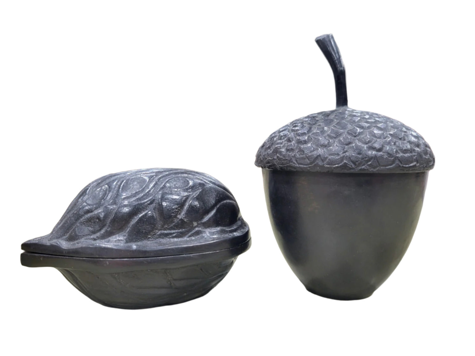 Vintage Black Cast Iron Acorn and Walnut Trinket Boxes - Made in India
