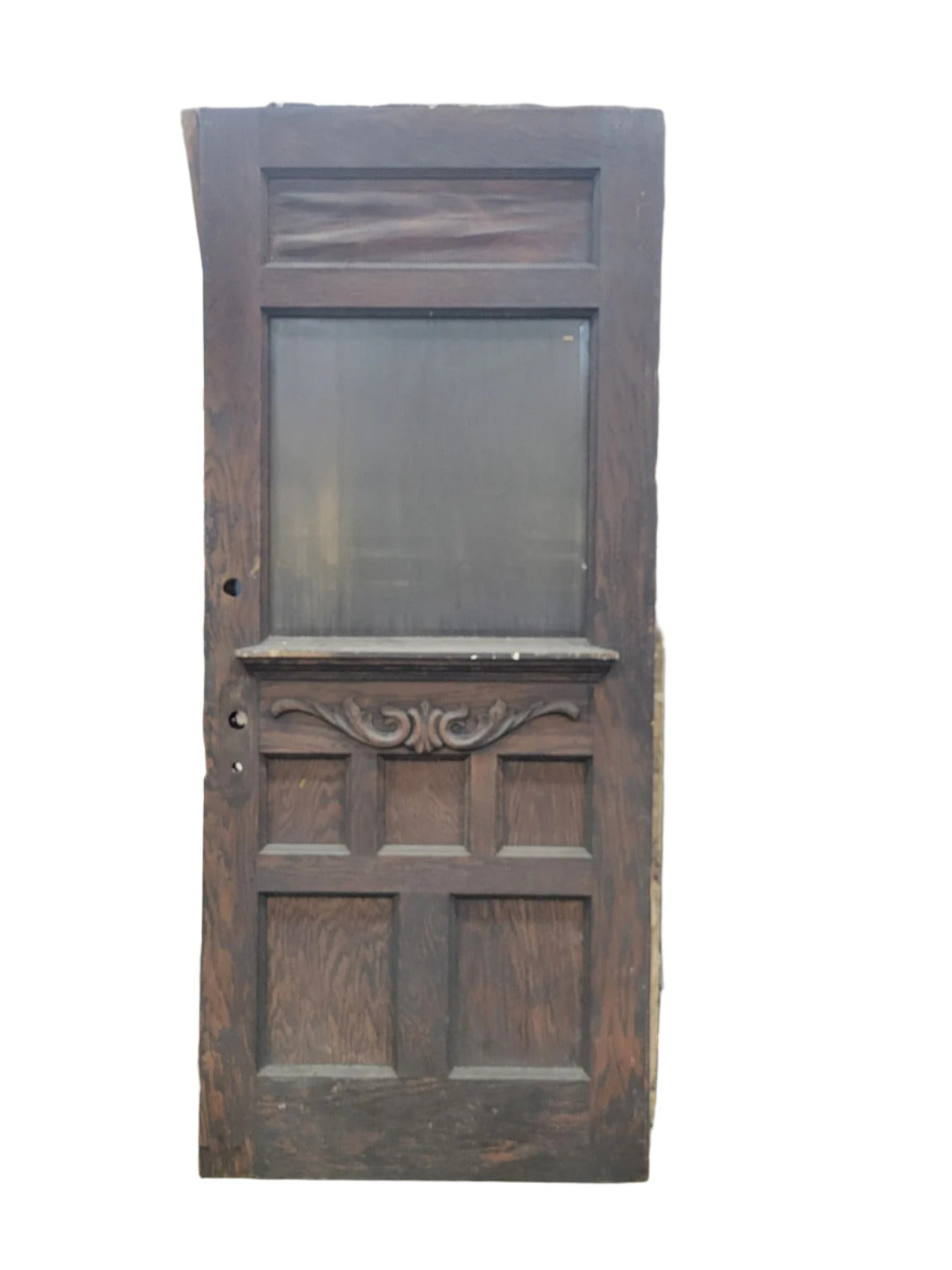 Early 20th Century Beveled Glass Entry Door with Carved Scroll and Fire-Damaged Veneer – 35 ½" x 83" (Y)