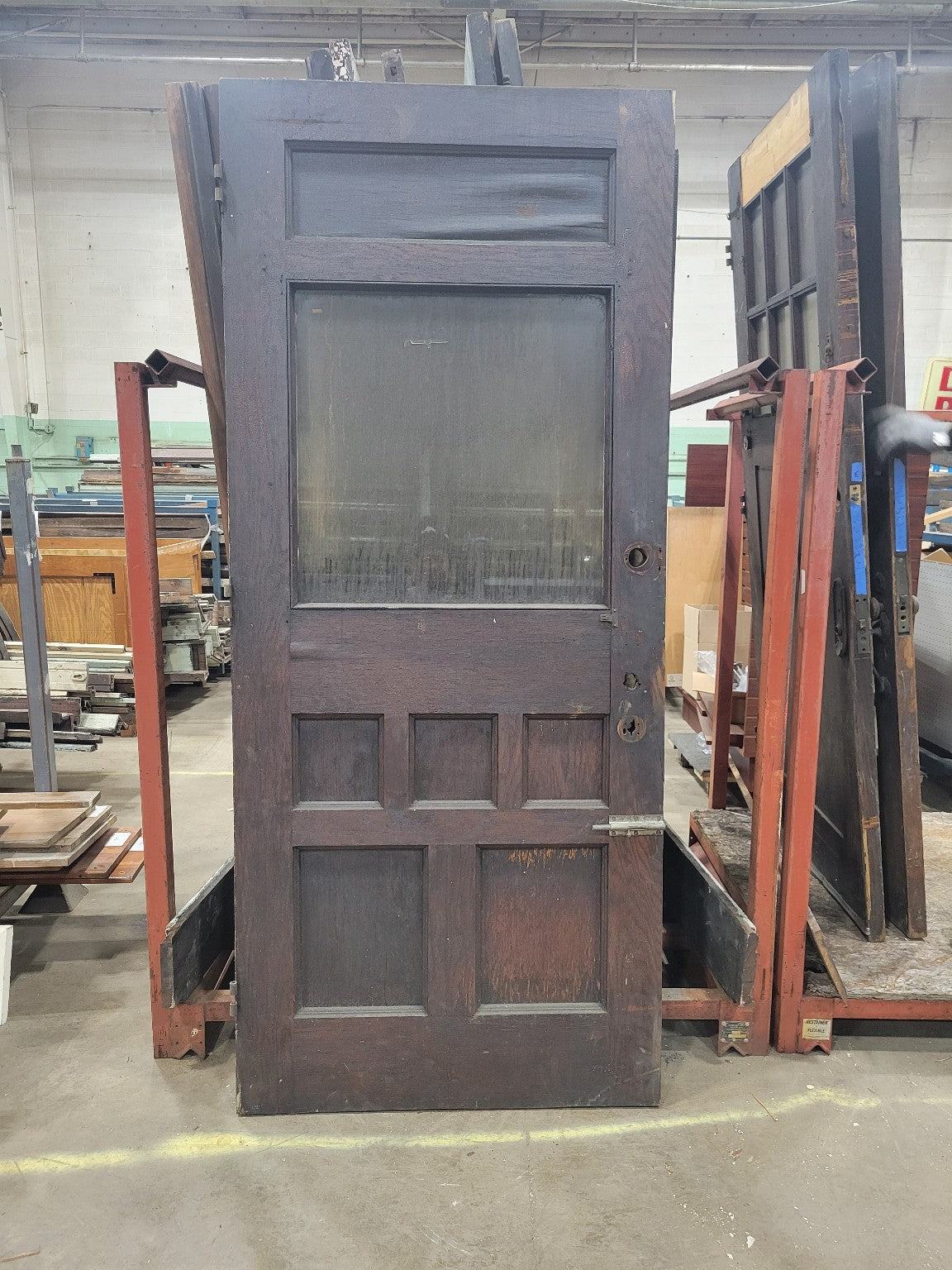 Early 20th Century Beveled Glass Entry Door with Carved Scroll and Fire-Damaged Veneer – 35 ½" x 83" (Y)
