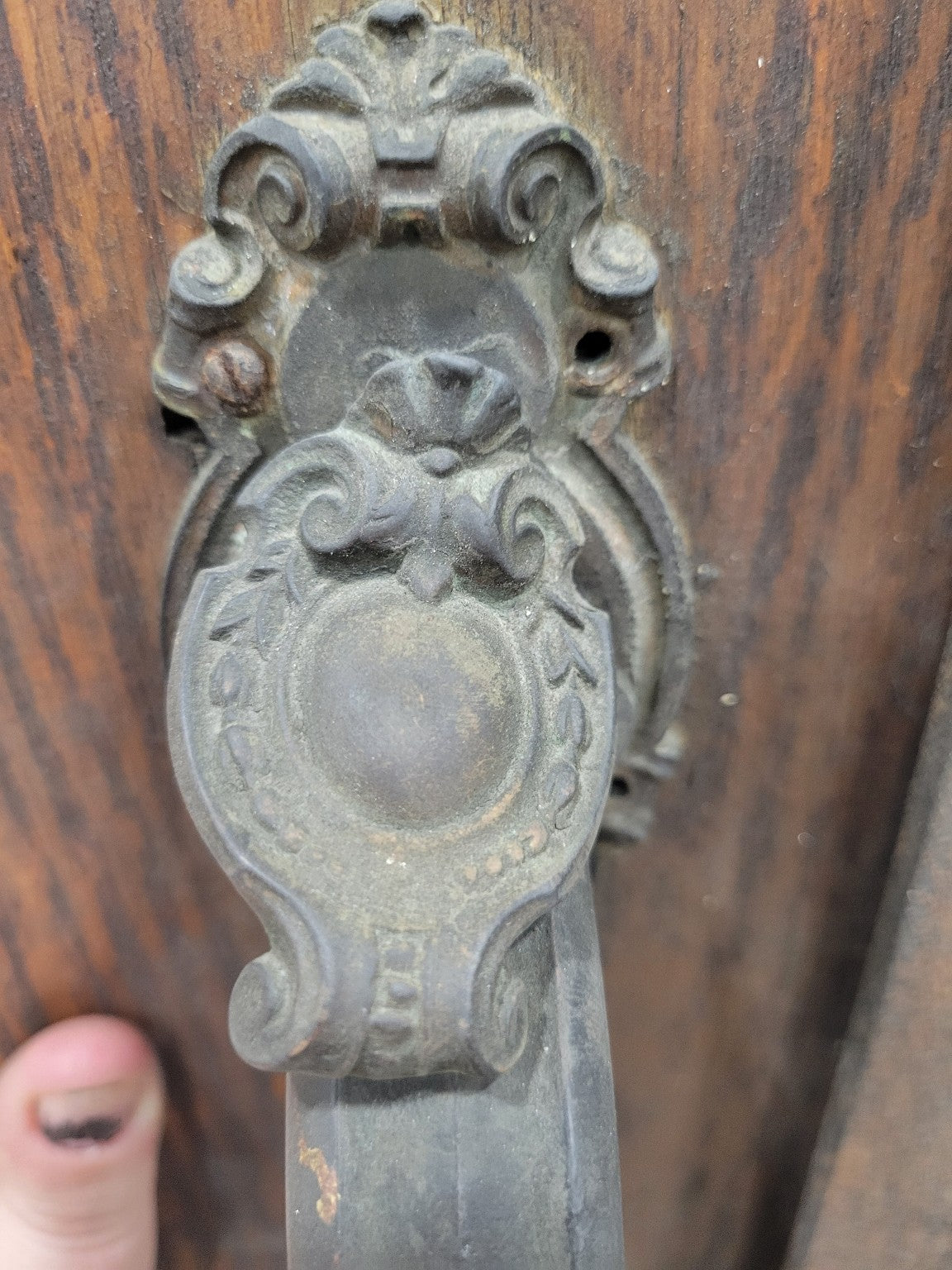 Fire-Damaged Oak Entry Door with Cracked Plexiglass Panel and Iron Hardware (Z)
