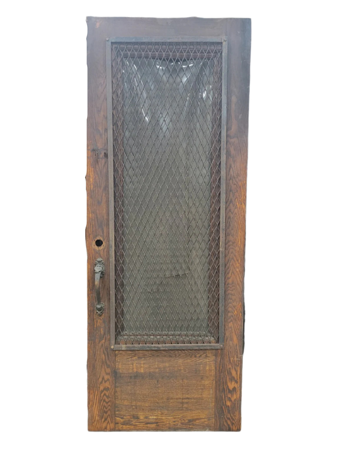 Fire-Damaged Oak Entry Door with Cracked Plexiglass Panel and Iron Hardware (Z)