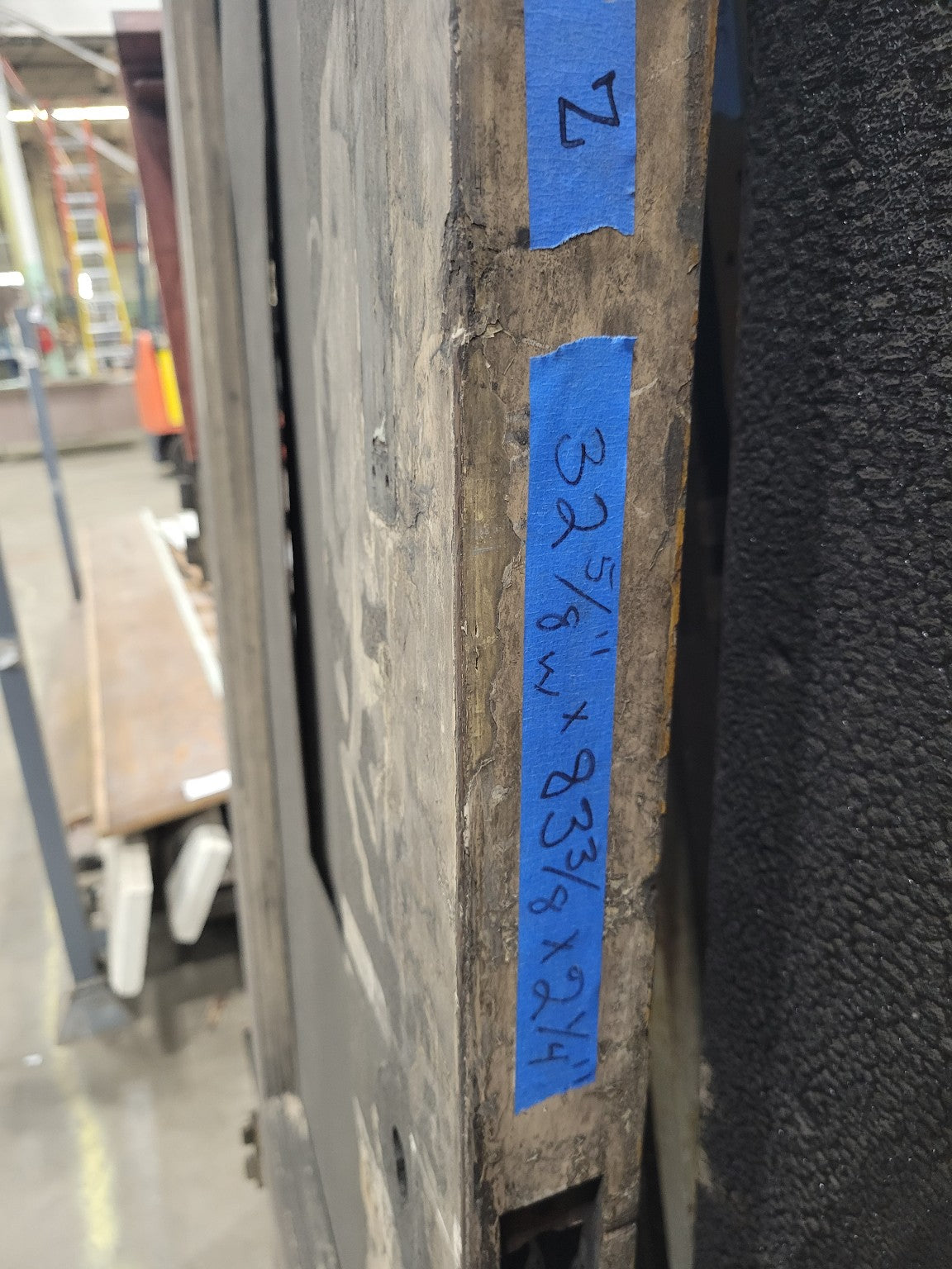 Fire-Damaged Oak Entry Door with Cracked Plexiglass Panel and Iron Hardware (Z)