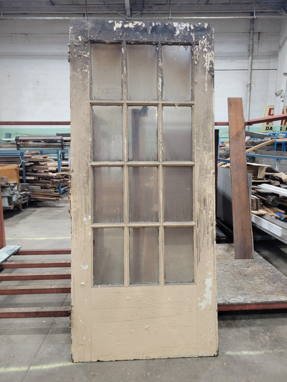 Vintage 12-Lite Wood Door with Distressed Paint – 83 5/8" Tall (H)