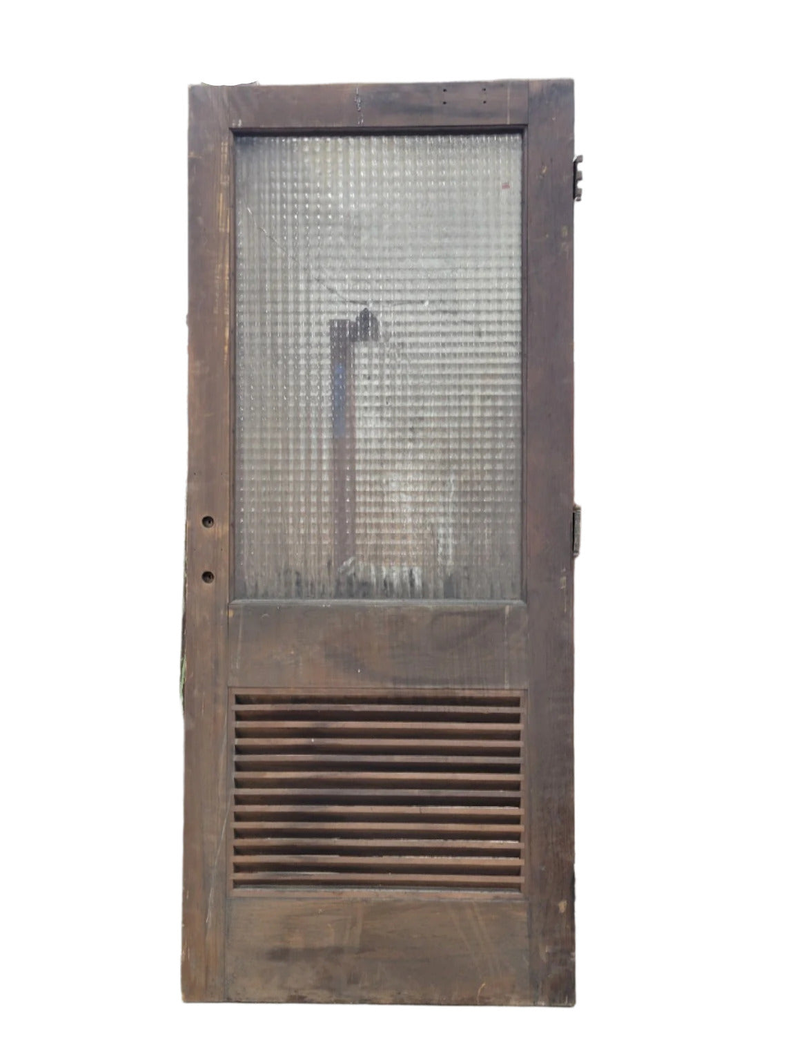 Salvaged Industrial Wood Door with Broken Wired Glass and Vent Panel – 83 ¾" Tall (V)