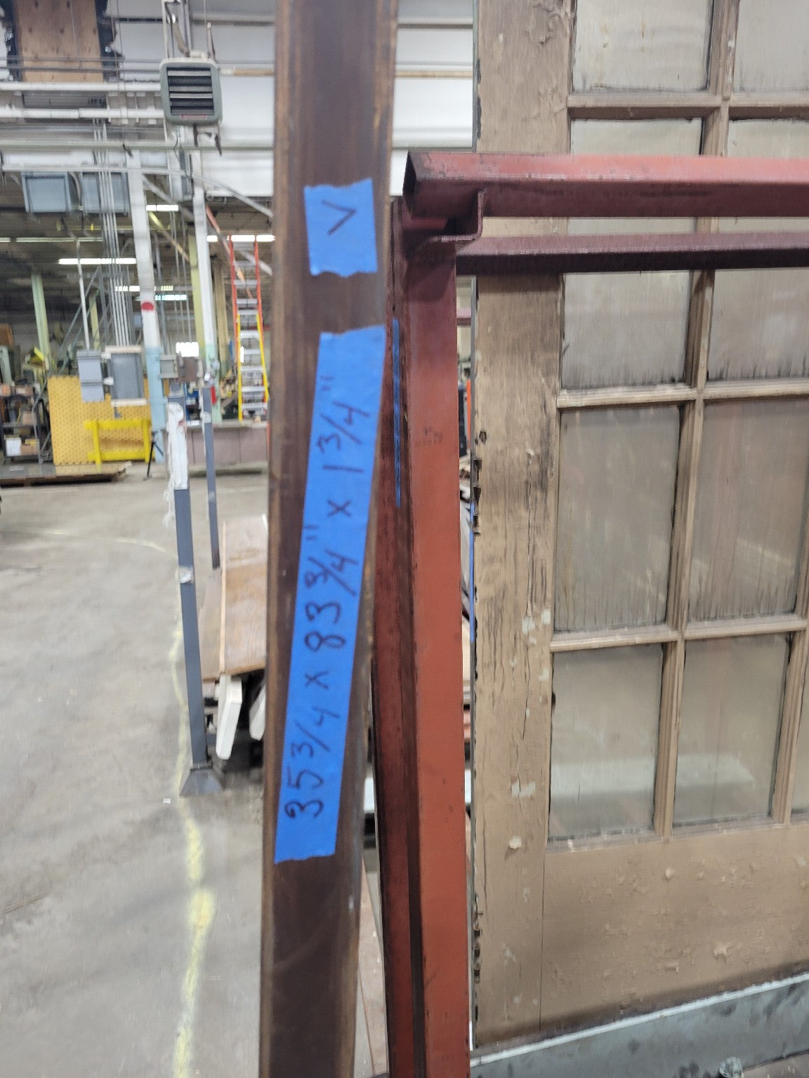 Salvaged Industrial Wood Door with Broken Wired Glass and Vent Panel – 83 ¾" Tall (V)