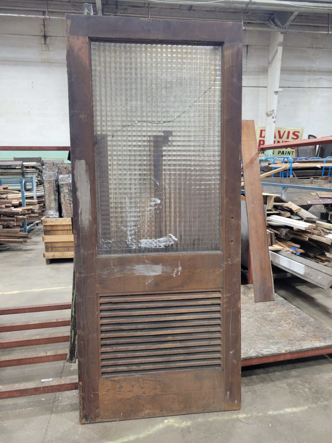 Salvaged Industrial Wood Door with Broken Wired Glass and Vent Panel – 83 ¾" Tall (V)