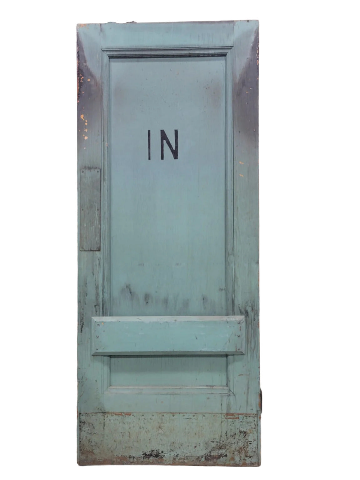 Painted Industrial “IN” Wood Door – 86 ⅜" Tall – Distressed Green Finish (T)