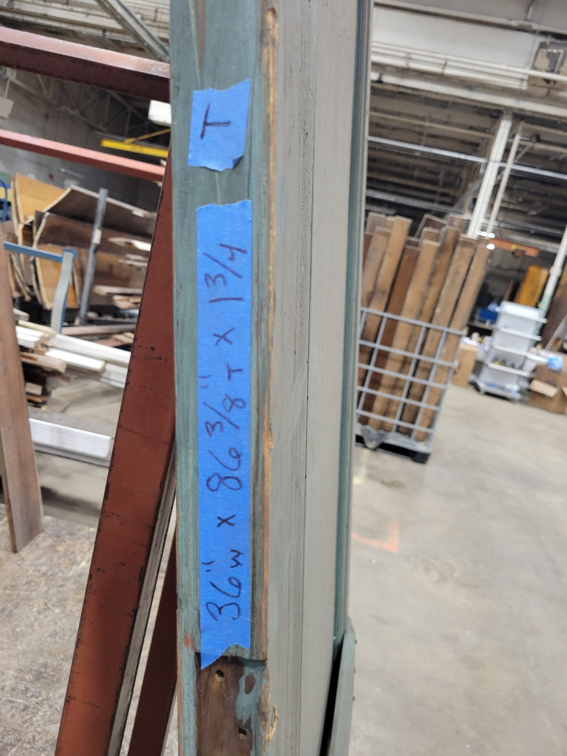 Painted Industrial “IN” Wood Door – 86 ⅜" Tall – Distressed Green Finish (T)