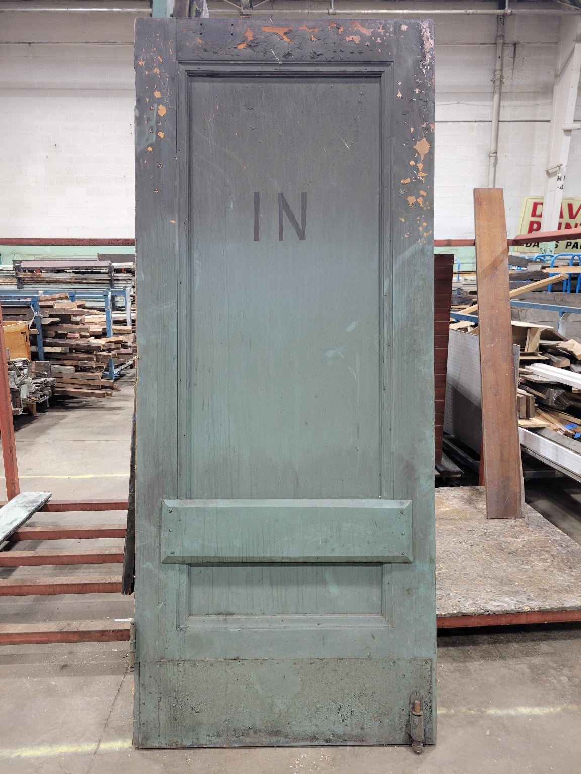 Painted Industrial “IN” Wood Door – 86 ⅜" Tall – Distressed Green Finish (T)