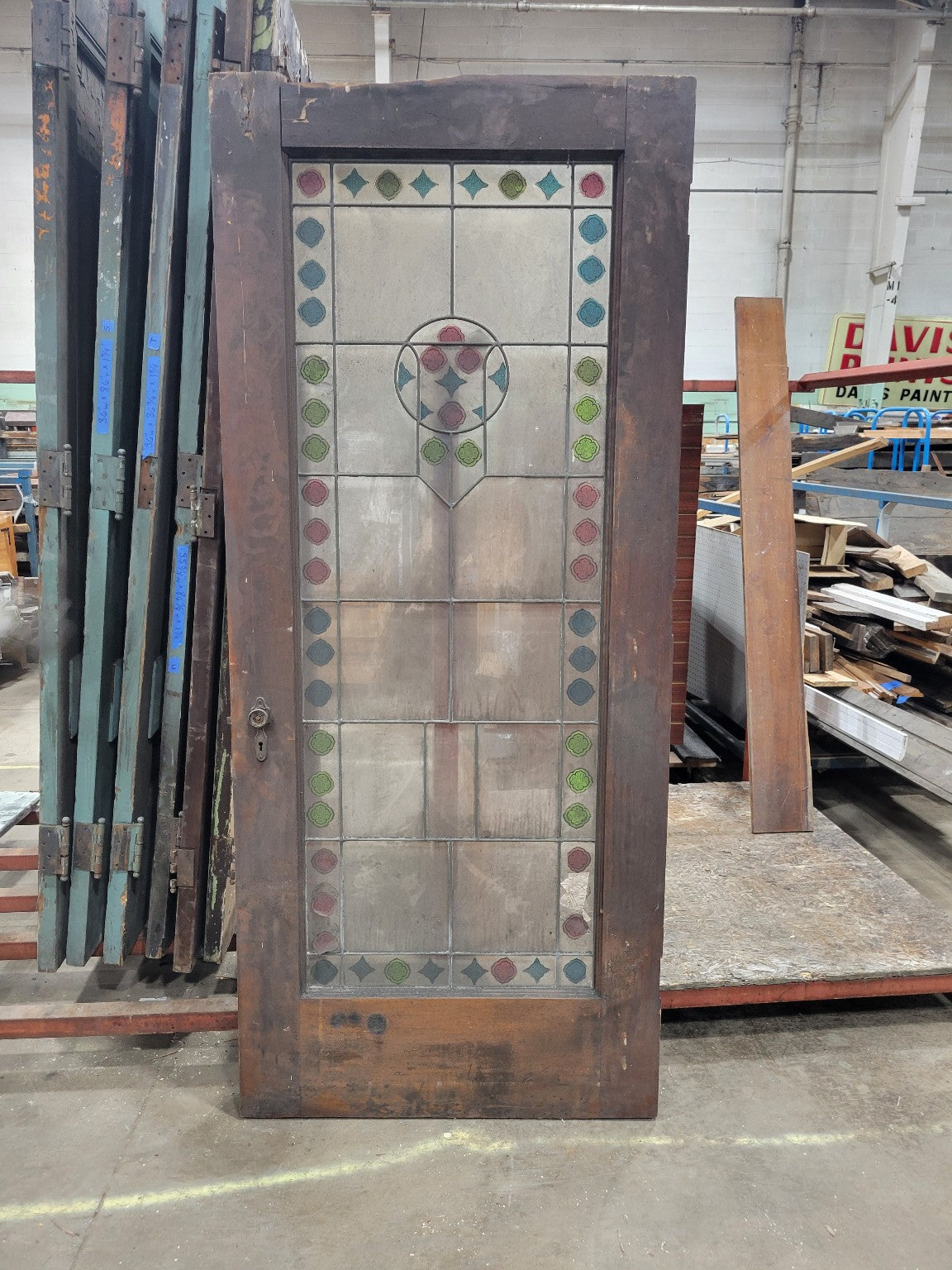 Antique Stained Glass Door with Geometric Motif – 79 ⅞" Tall – Needs Repair (EE)