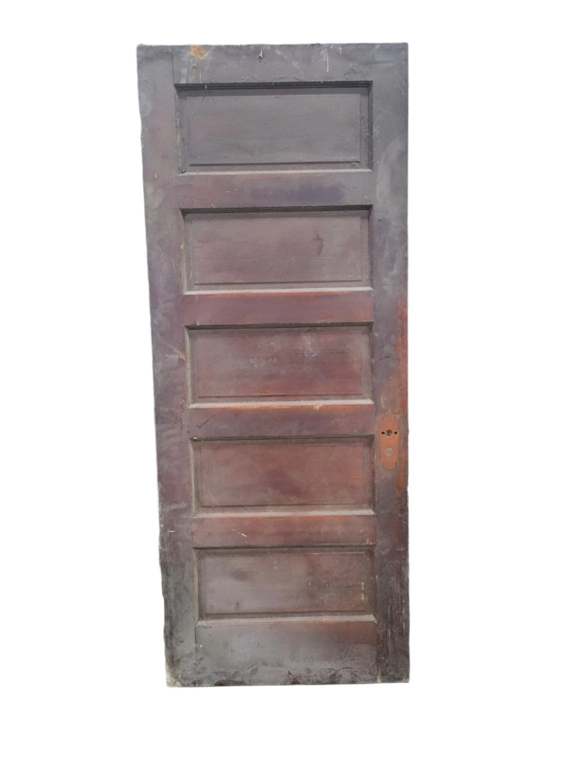 Antique 5-Panel Wood Door – 79" Tall – Heavy Wear and Paint Loss (O)